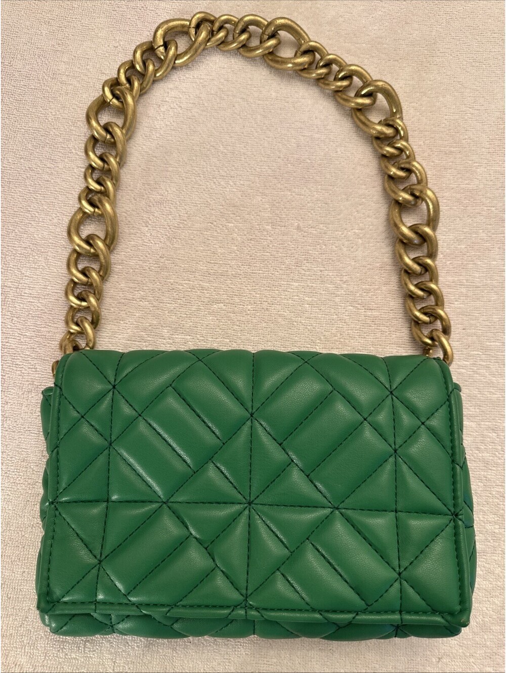 Zara Womens Green Faux Leather Quilted Inner Pocket Chain Strap Shoulder Bag